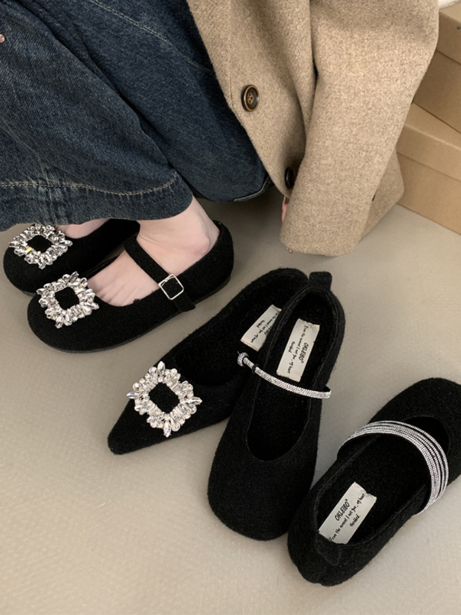Elegant Black Plush Mary Jane Shoes for Autumn & Winter - 2025 French Flat Style in Woolen Fabric, Perfect for Skirts and Dresses