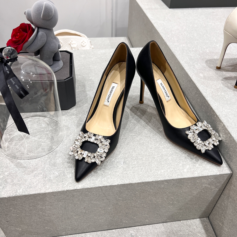 Elegant Black Rhinestone Buckle High Heels for Women - Pointed Toe, Thin Heel, Comfortable, Chic Evening Shoes Elegant Black Rhinestone Buckle High Heels for Women - Pointed Toe, Thin Heel, Comfortable, Chic Evening Shoes