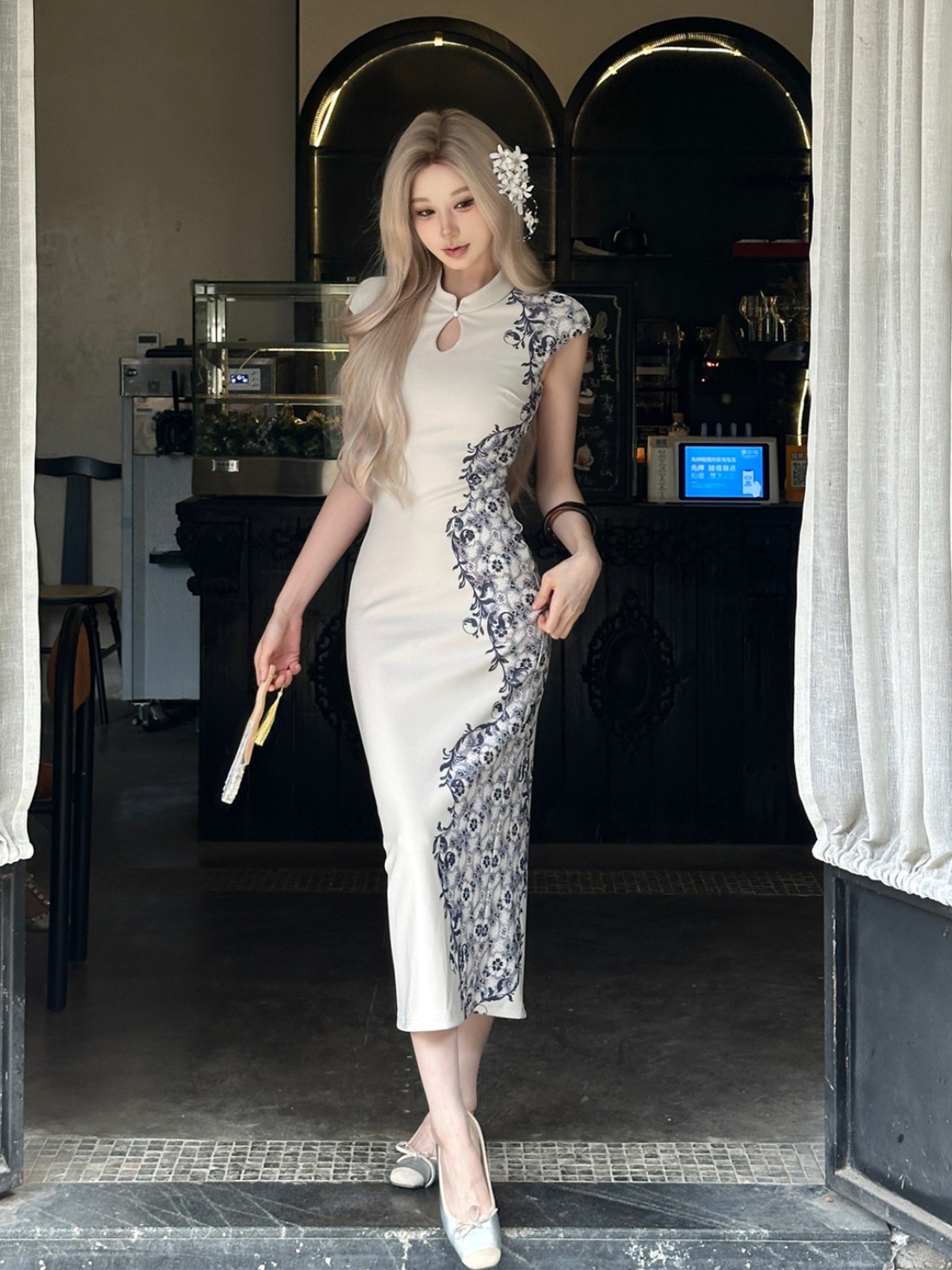 Elegant Chinese-Style Qipao Dress with Blue and White Porcelain Print, Sexy Bodycon Long Skirt, Sophisticated Y2K Fashion