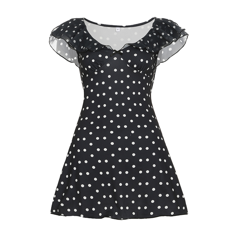 Elegant Color-Block Polka Dot Printed Dress with Small Flying Sleeves, Waist-Cinching A-Line Skirt, French Style Fashion Elegant Color-Block Polka Dot Printed Dress with Small Flying Sleeves, Waist-Cinching A-Line Skirt, French Style Fashion