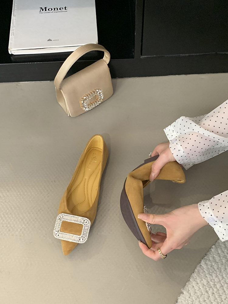 Elegant Flat Pointed-Toe Women's Shoes with Rhinestone Square Buckle - 2025 Spring French Style Black Flats for Commuting and Skirts