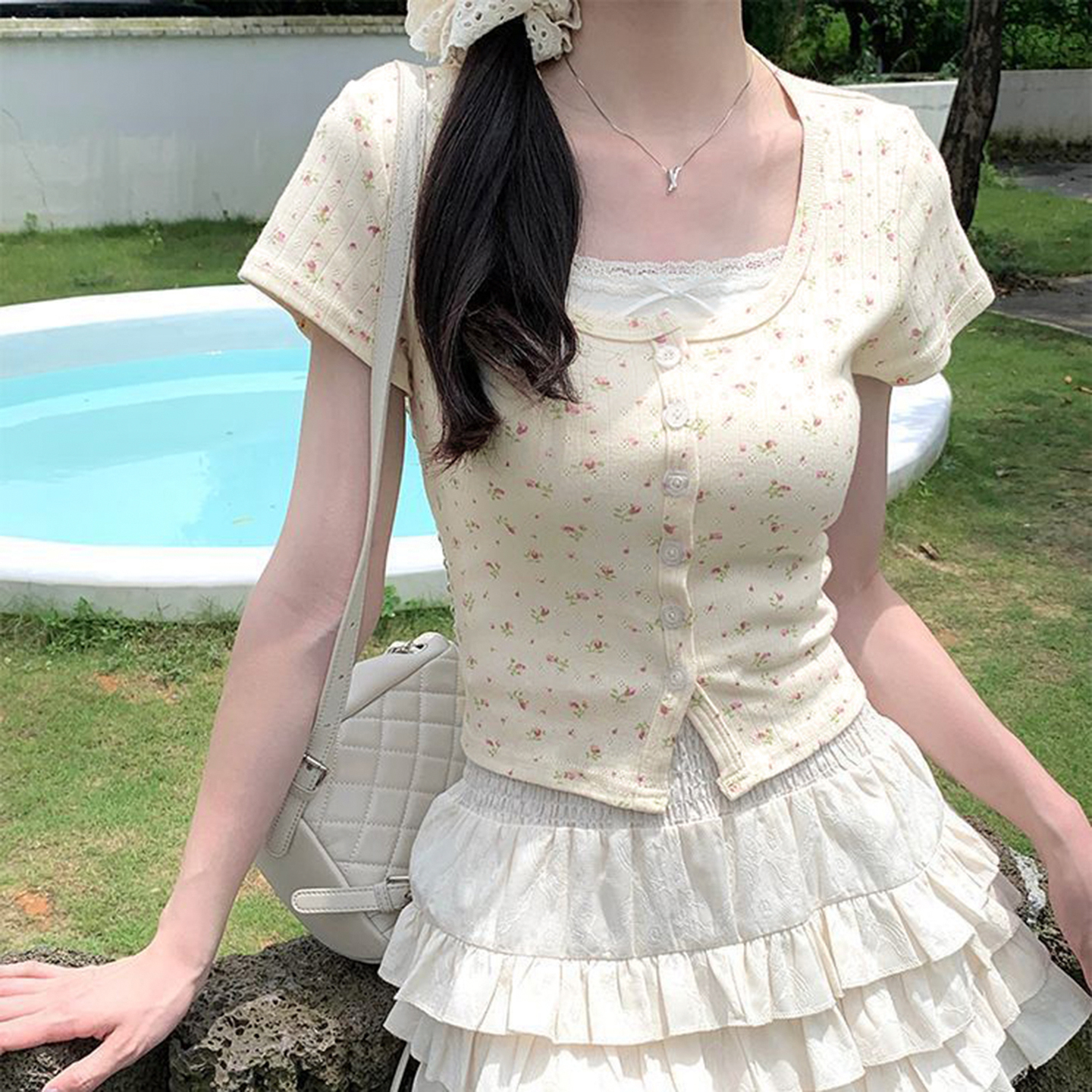 Elegant Floral Lace Splicing Short Sleeve T-Shirt - Sweet Girl Gentle Style Fake Two-Piece Top for 90s Y2K Fashion