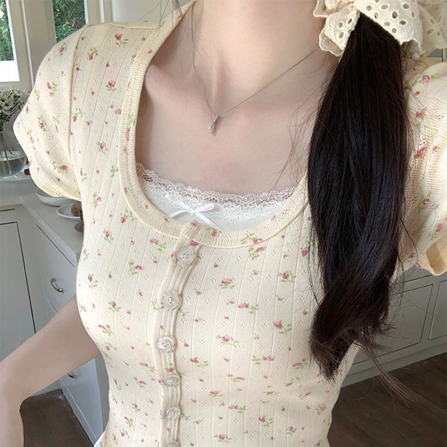 Elegant Floral Lace Splicing Short Sleeve T-Shirt - Sweet Girl Gentle Style Fake Two-Piece Top for 90s Y2K Fashion Elegant Floral Lace Splicing Short Sleeve T-Shirt - Sweet Girl Gentle Style Fake Two-Piece Top for 90s Y2K Fashion