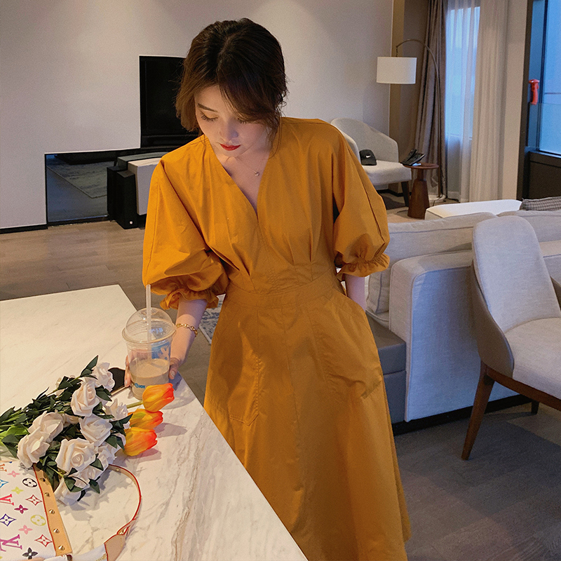 Elegant French Orange V-Neck Puff Sleeve Dress for Women - Spring Summer 2025, Waist-Cinching Long Dress, Perfect for Tea Breaks