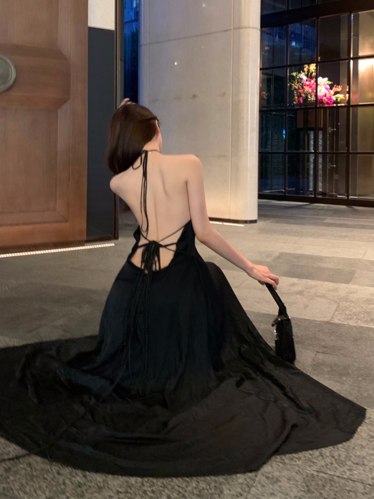 Elegant French-Style Black Backless Dress - High-End Quality Long Gown for Vacation Beach Photos, Perfect for Summer Events