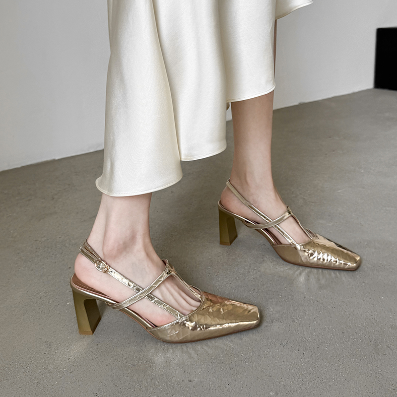 Elegant French-Style Open-Toe Chunky Heel Sandals for Women - Backless Design, Square Toe, 7cm Height, Light Luxury Footwear