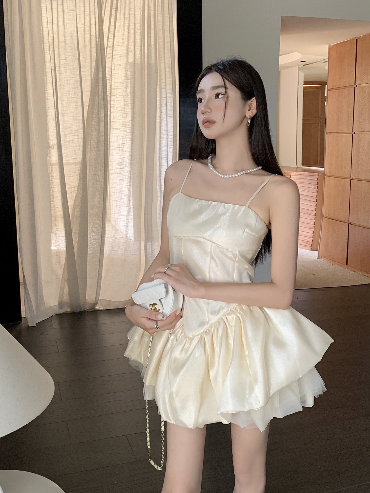 Elegant French-Style Spaghetti Strap Dress with Ballet Puff Skirt - Custom High-End Design, Waist-Cinching, Celebrity Inspired Elegant French-Style Spaghetti Strap Dress with Ballet Puff Skirt - Custom High-End Design, Waist-Cinching, Celebrity Inspired