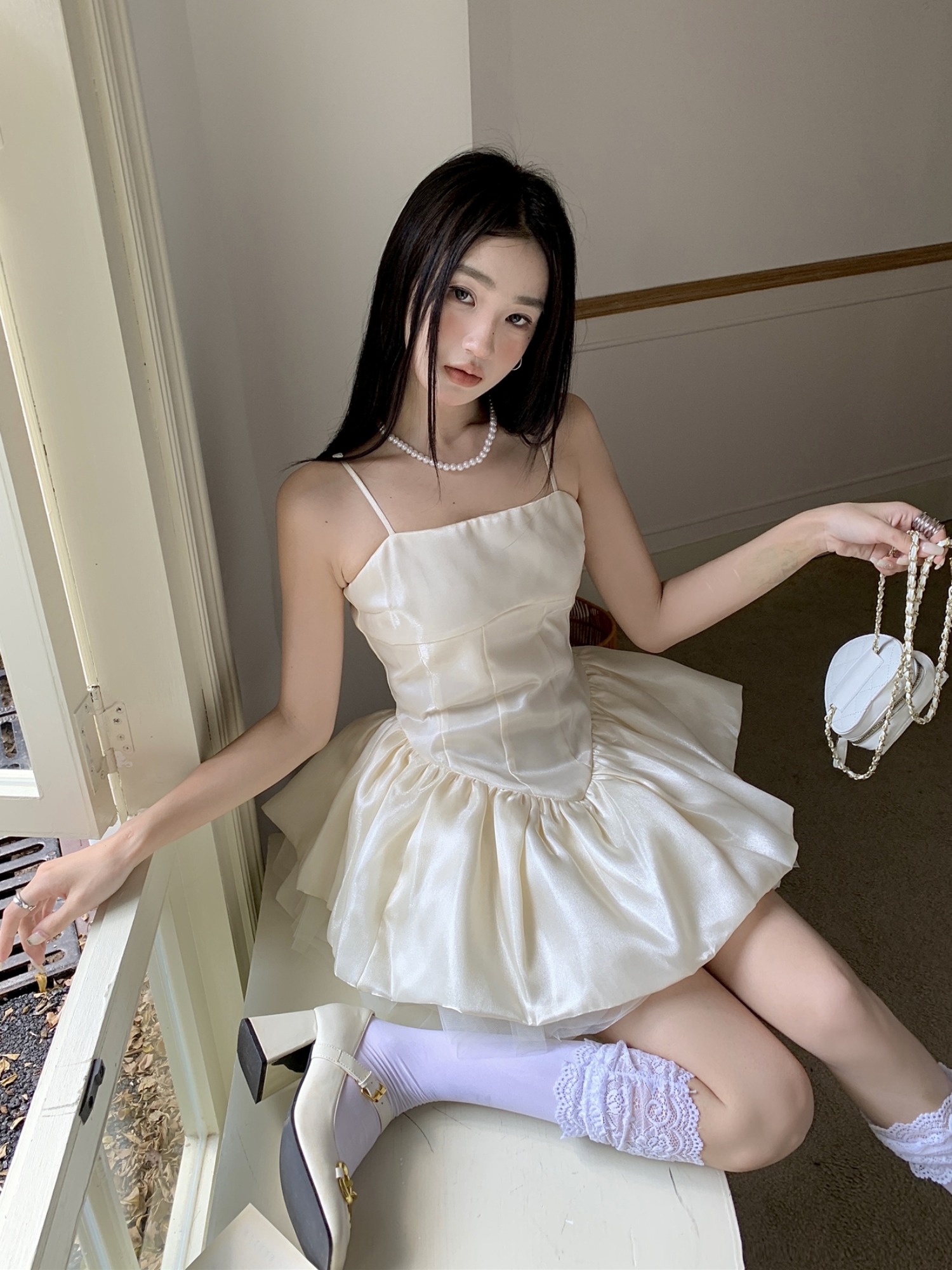 Elegant French-Style Spaghetti Strap Dress with Ballet Puff Skirt - Custom High-End Design, Waist-Cinching, Celebrity Inspired