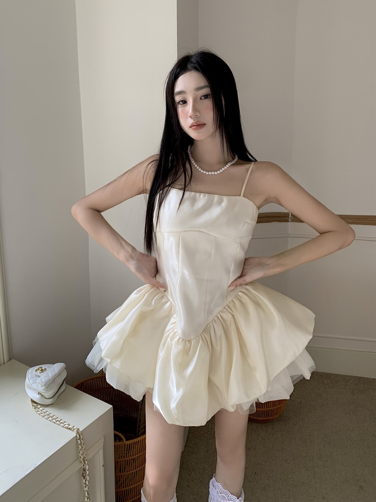 Elegant French-Style Spaghetti Strap Dress with Ballet Puff Skirt - Custom High-End Design, Waist-Cinching, Celebrity Inspired Elegant French-Style Spaghetti Strap Dress with Ballet Puff Skirt - Custom High-End Design, Waist-Cinching, Celebrity Inspired