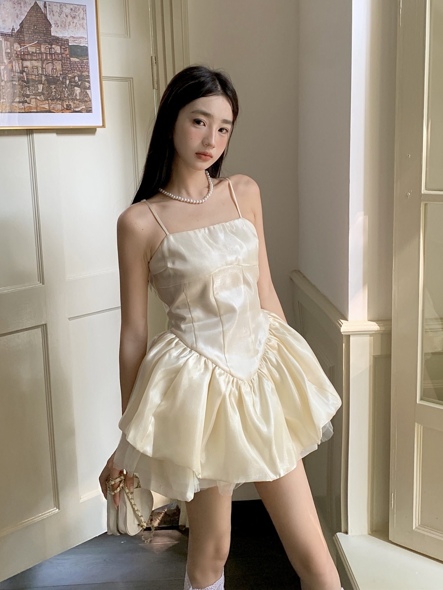 Elegant French-Style Spaghetti Strap Dress with Ballet Puff Skirt - Custom High-End Design, Waist-Cinching, Celebrity Inspired Elegant French-Style Spaghetti Strap Dress with Ballet Puff Skirt - Custom High-End Design, Waist-Cinching, Celebrity Inspired