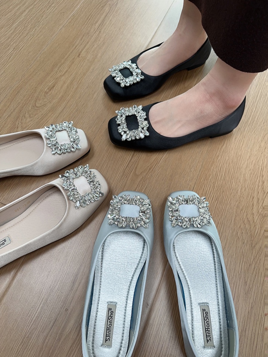 Elegant French-Style Women's Flats with Rhinestones, Square Toe, Shallow Mouth - High-End Commuting & Evening Shoes for Spring 2025 Elegant French-Style Women's Flats with Rhinestones, Square Toe, Shallow Mouth - High-End Commuting & Evening Shoes for Spring 2025