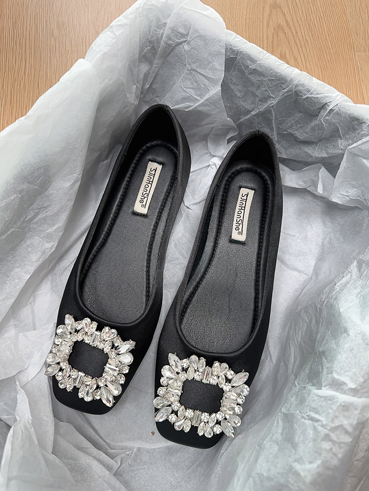 Elegant French-Style Women's Flats with Rhinestones, Square Toe, Shallow Mouth - High-End Commuting & Evening Shoes for Spring 2025