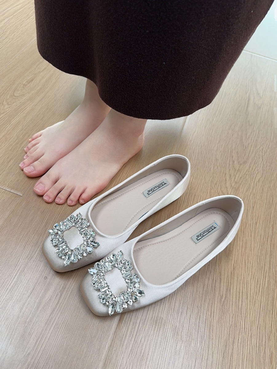 Elegant French-Style Women's Flats with Rhinestones, Square Toe, Shallow Mouth - High-End Commuting & Evening Shoes for Spring 2025 Elegant French-Style Women's Flats with Rhinestones, Square Toe, Shallow Mouth - High-End Commuting & Evening Shoes for Spring 2025
