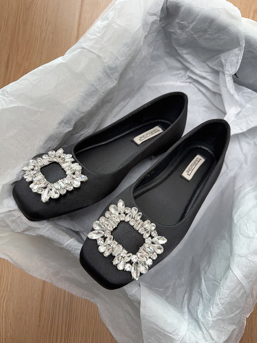 Elegant French-Style Women's Flats with Rhinestones, Square Toe, Shallow Mouth - High-End Commuting & Evening Shoes for Spring 2025 Elegant French-Style Women's Flats with Rhinestones, Square Toe, Shallow Mouth - High-End Commuting & Evening Shoes for Spring 2025