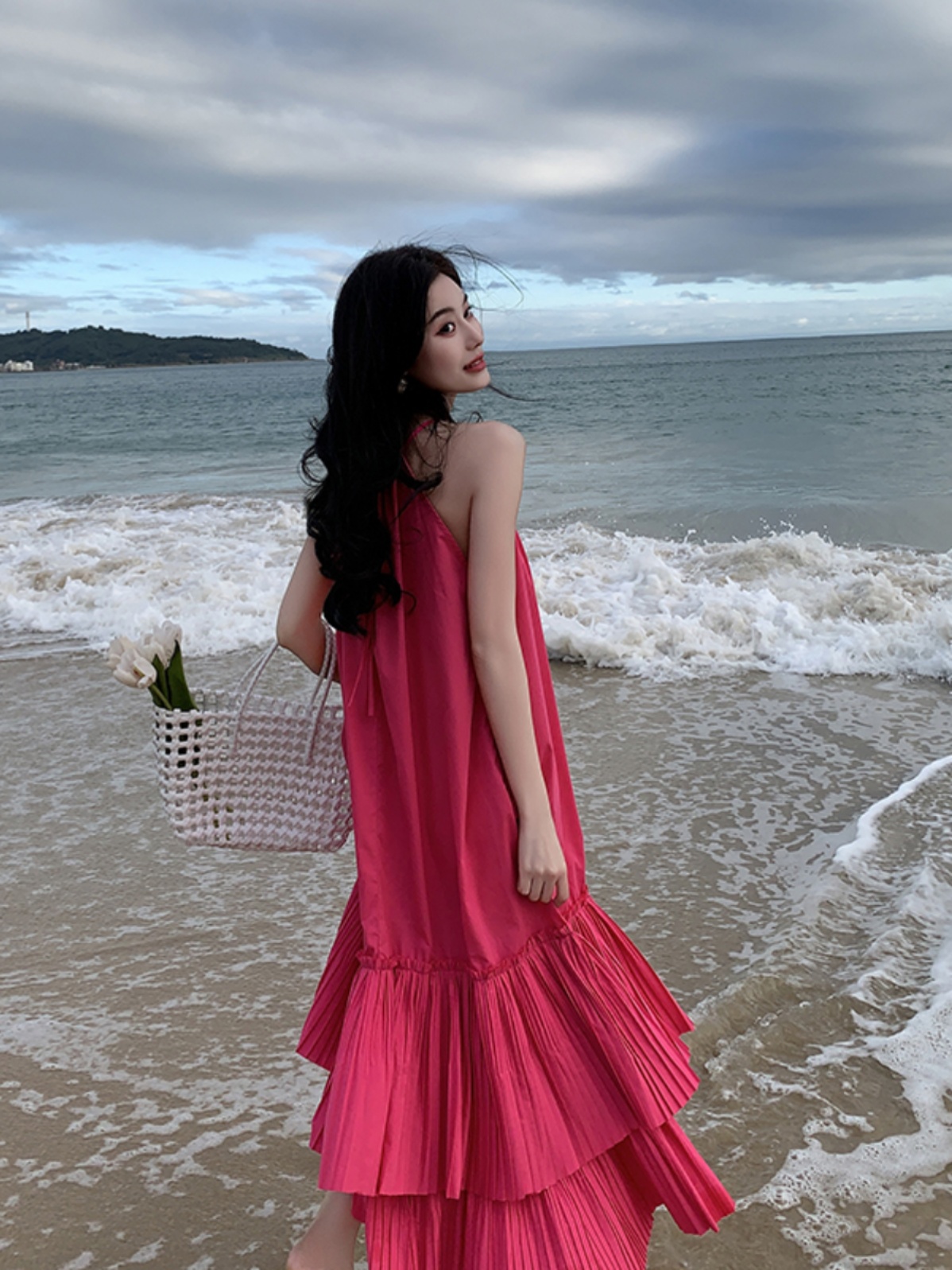 Elegant Fuchsia Spaghetti Strap Pleated Dress for Women - High-End Vacation Style Long Summer Dress for Photo Shoots