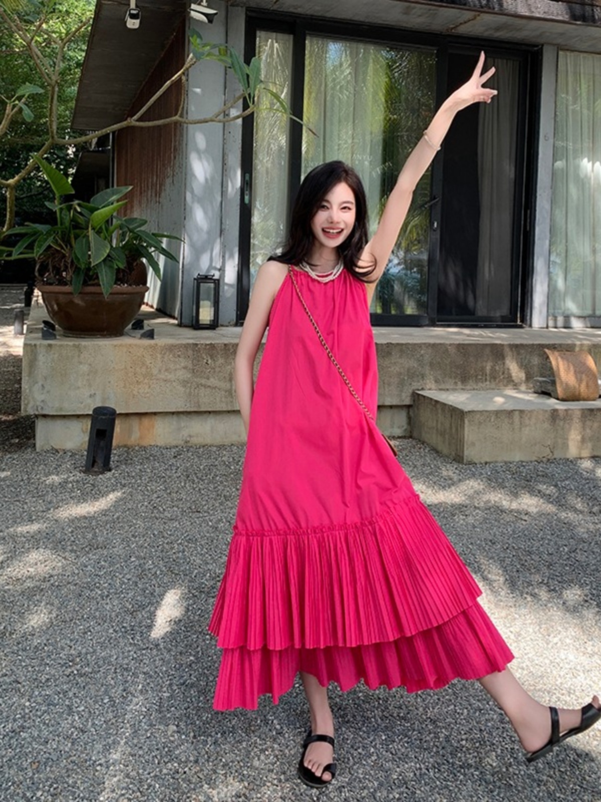Elegant Fuchsia Spaghetti Strap Pleated Dress for Women - High-End Vacation Style Long Summer Dress for Photo Shoots