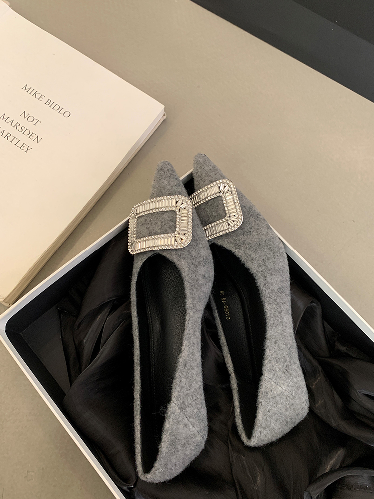 Elegant Gray Woolen High Heels with Thin Heels and Water Diamond Buckle, French-Style Pointed Flats for Spring 2025