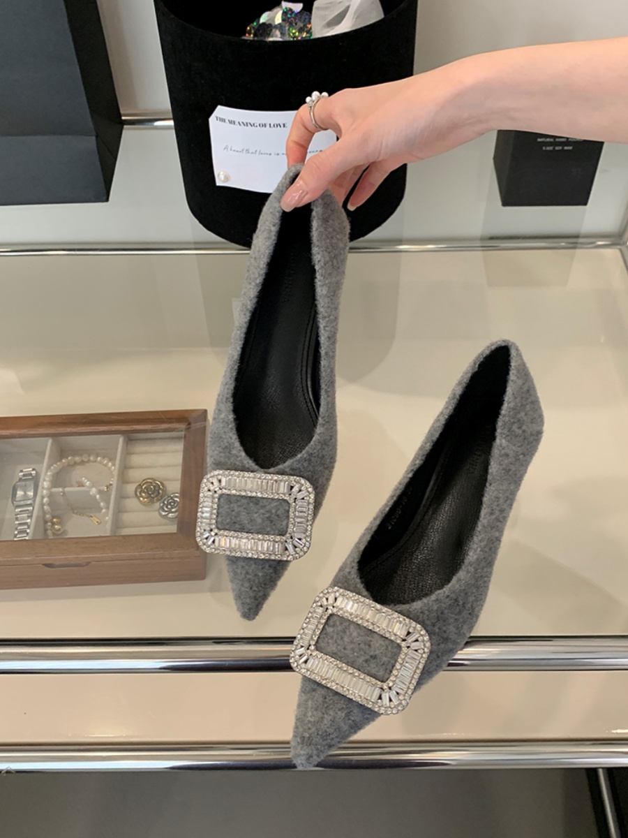 Elegant Gray Woolen High Heels with Thin Heels and Water Diamond Buckle, French-Style Pointed Flats for Spring 2025