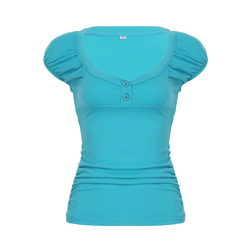 Elegant Green Two-Button Square Neck Short-Sleeve T-Shirt with Ruched Waist - French Style Y2K Hot Girl Top