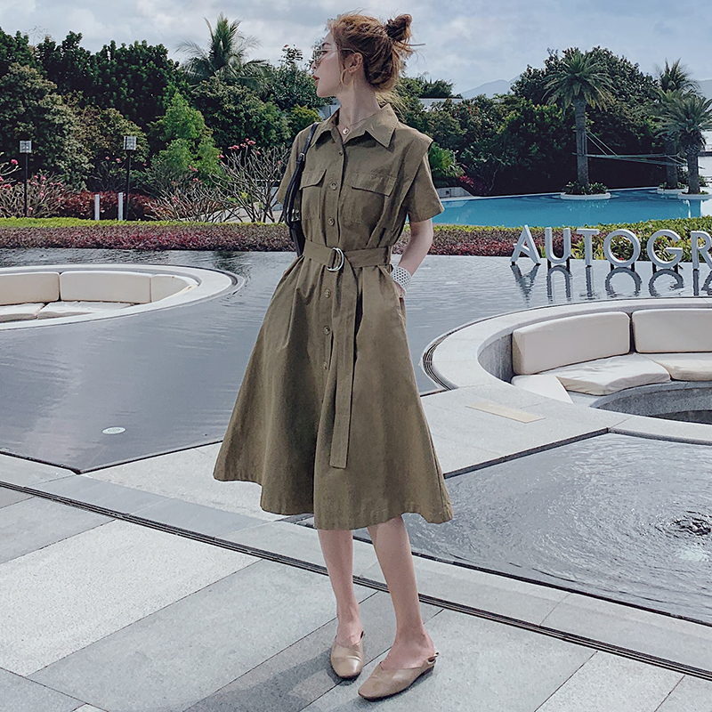 Elegant Hepburn Style Shirt Dress for Women - Flattering Waist, Long Design, Perfect for Summer 2025 Workwear and Casual Outings