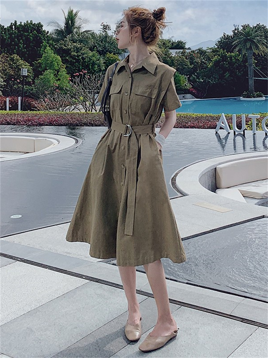 Elegant Hepburn Style Shirt Dress for Women - Flattering Waist, Long Design, Perfect for Summer 2025 Workwear and Casual Outings