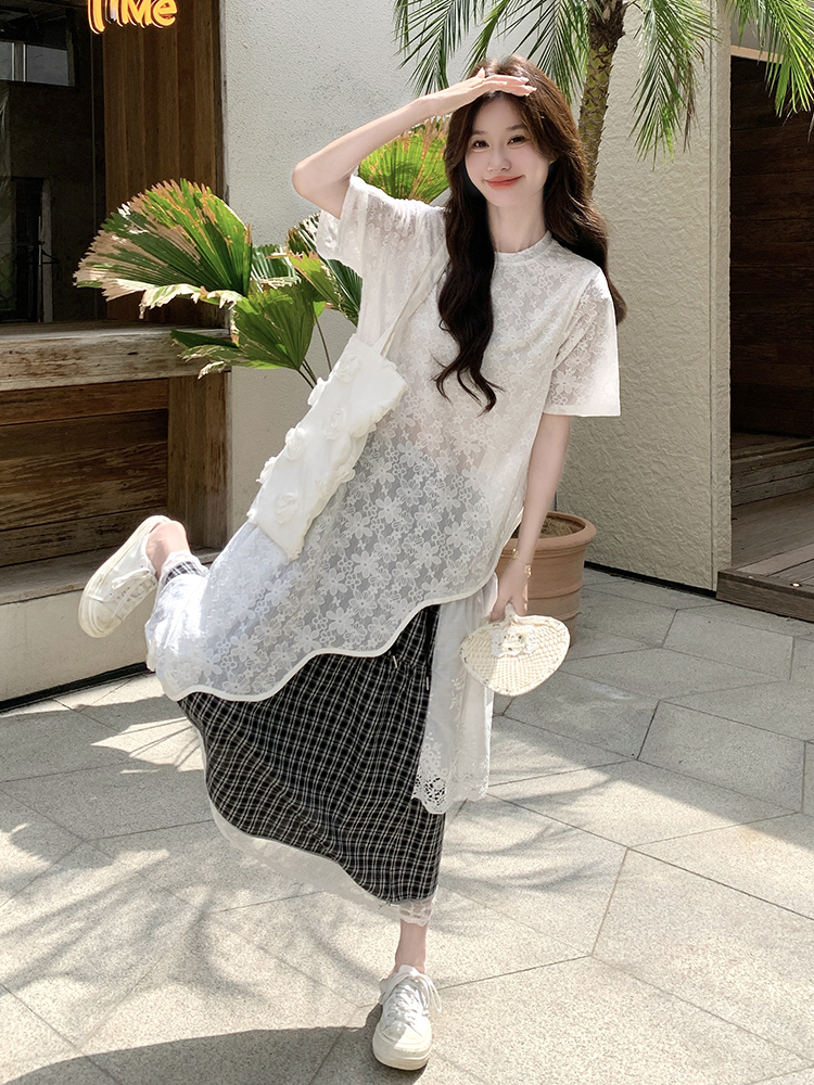 Elegant High-End Lace Short Sleeve Two-Piece Set with Long Skirt for Women - Trendy Summer Outfit, Stylish and Popular Fashion Choice Elegant High-End Lace Short Sleeve Two-Piece Set with Long Skirt for Women - Trendy Summer Outfit, Stylish and Popular Fashion Choice