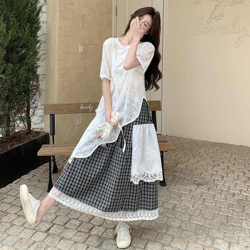 Elegant High-End Lace Short Sleeve Two-Piece Set with Long Skirt for Women - Trendy Summer Outfit, Stylish and Popular Fashion Choice