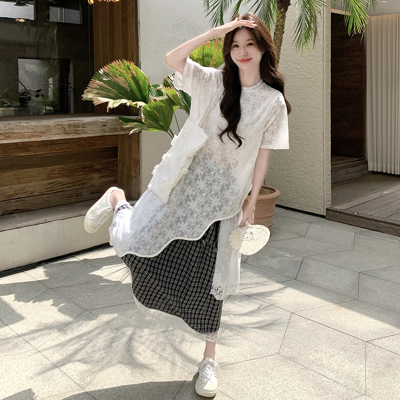 Elegant High-End Lace Short Sleeve Two-Piece Set with Long Skirt for Women - Trendy Summer Outfit, Stylish and Popular Fashion Choice Elegant High-End Lace Short Sleeve Two-Piece Set with Long Skirt for Women - Trendy Summer Outfit, Stylish and Popular Fashion Choice