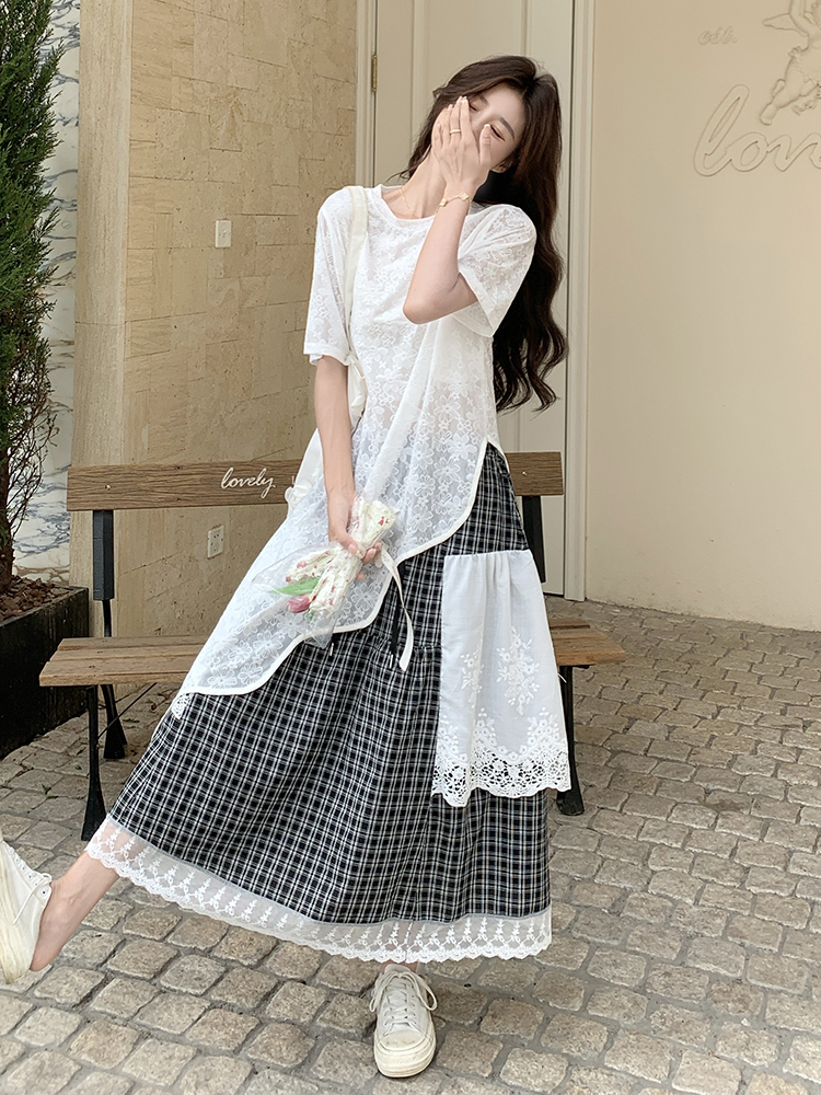 Elegant High-End Lace Short Sleeve Two-Piece Set with Long Skirt for Women - Trendy Summer Outfit, Stylish and Popular Fashion Choice