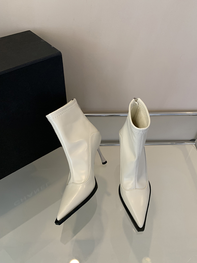 Elegant High-Heeled Pointed Toe Plush White Short Boots for Women - French Slim Style for Autumn Winter 2024