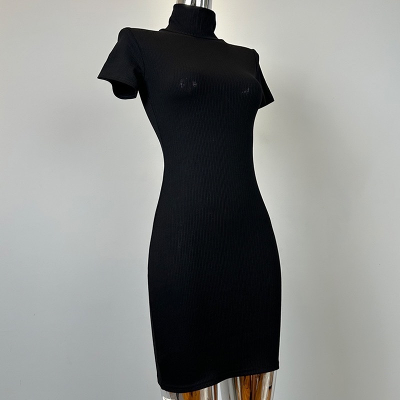 Elegant Korean Style Bodycon Dress with Half High Collar and Short Sleeves - Feminine Sexy Fashion for Women