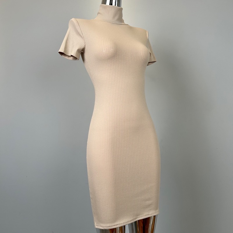 Elegant Korean Style Bodycon Dress with Half High Collar and Short Sleeves - Feminine Sexy Fashion for Women Elegant Korean Style Bodycon Dress with Half High Collar and Short Sleeves - Feminine Sexy Fashion for Women