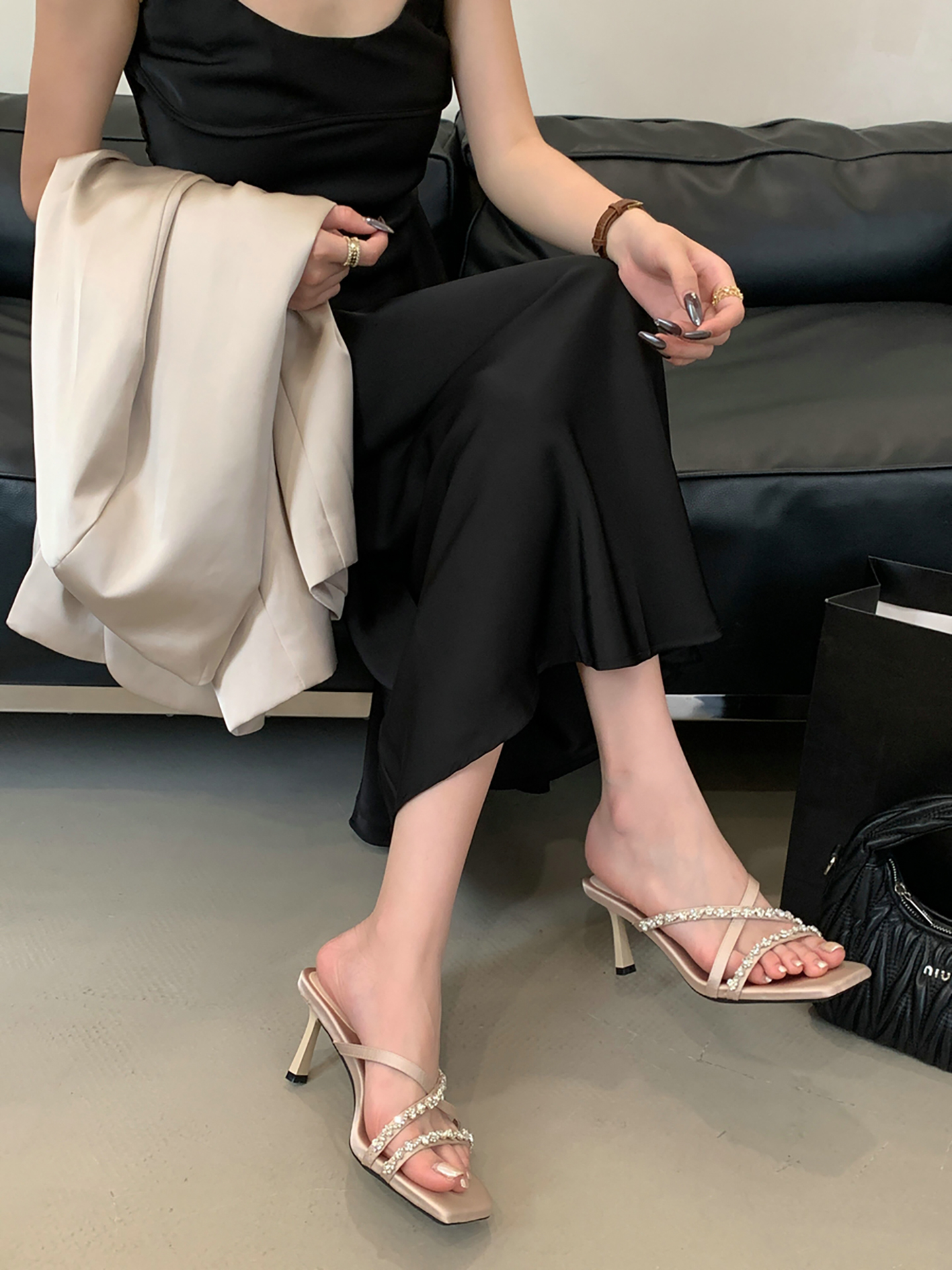 Elegant Nude High Heels Sandals for Summer 2025, Comfortable French Style with Rhinestone Accents, Chic and Sophisticated Women's Footwear Elegant Nude High Heels Sandals for Summer 2025, Comfortable French Style with Rhinestone Accents, Chic and Sophisticated Women's Footwear