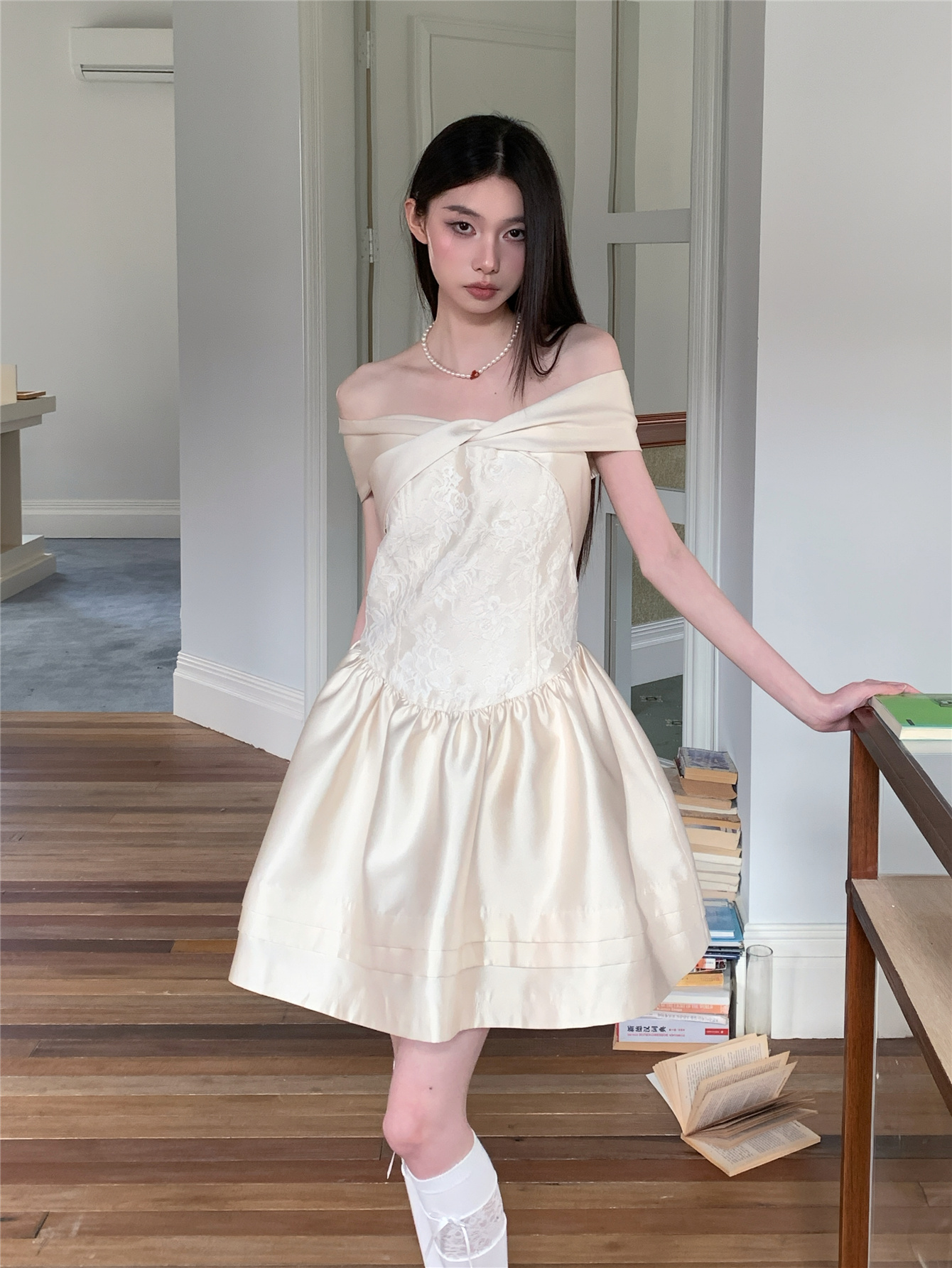 Elegant Off-Shoulder Lace Princess Dress - High-End Parisian Dream Birthday Gown for Women