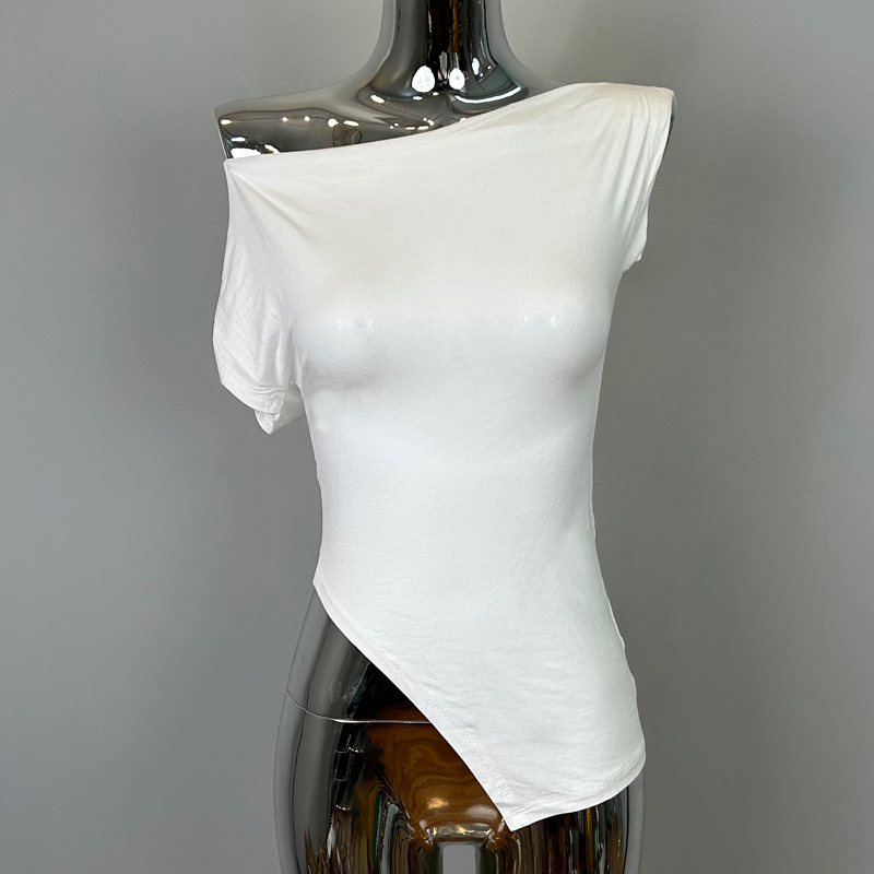 Elegant Off-Shoulder Split Short Sleeve T-Shirt for Women - Korean Dongdaemun Niche Design, Feminine & Sexy Style