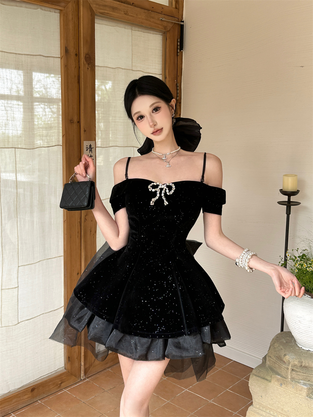 Elegant One-Shoulder Black Velvet Puff Skirt Dress - High-End French Style, Chic Temperament Fashion for Special Occasions