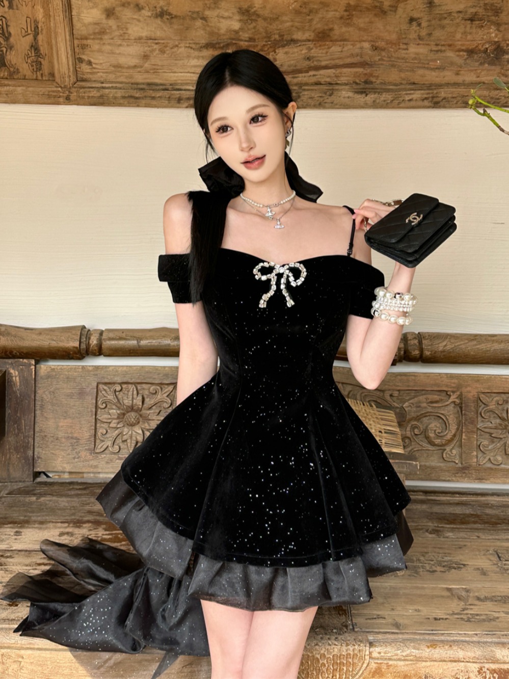 Elegant One-Shoulder Black Velvet Puff Skirt Dress - High-End French Style, Chic Temperament Fashion for Special Occasions