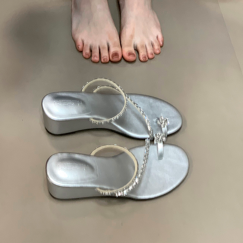 Elegant Open Toe Wedge Heels with Rhinestone Strap - Fashionable French Style Slide Sandals for Chic Summer Looks