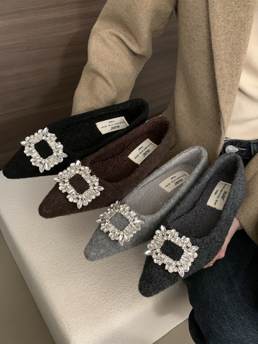 Elegant Pointed Toe Plush Flat Shoes with Square Buckle and Rhinestones for Autumn Winter, Perfect for Evening Wear and Skirts