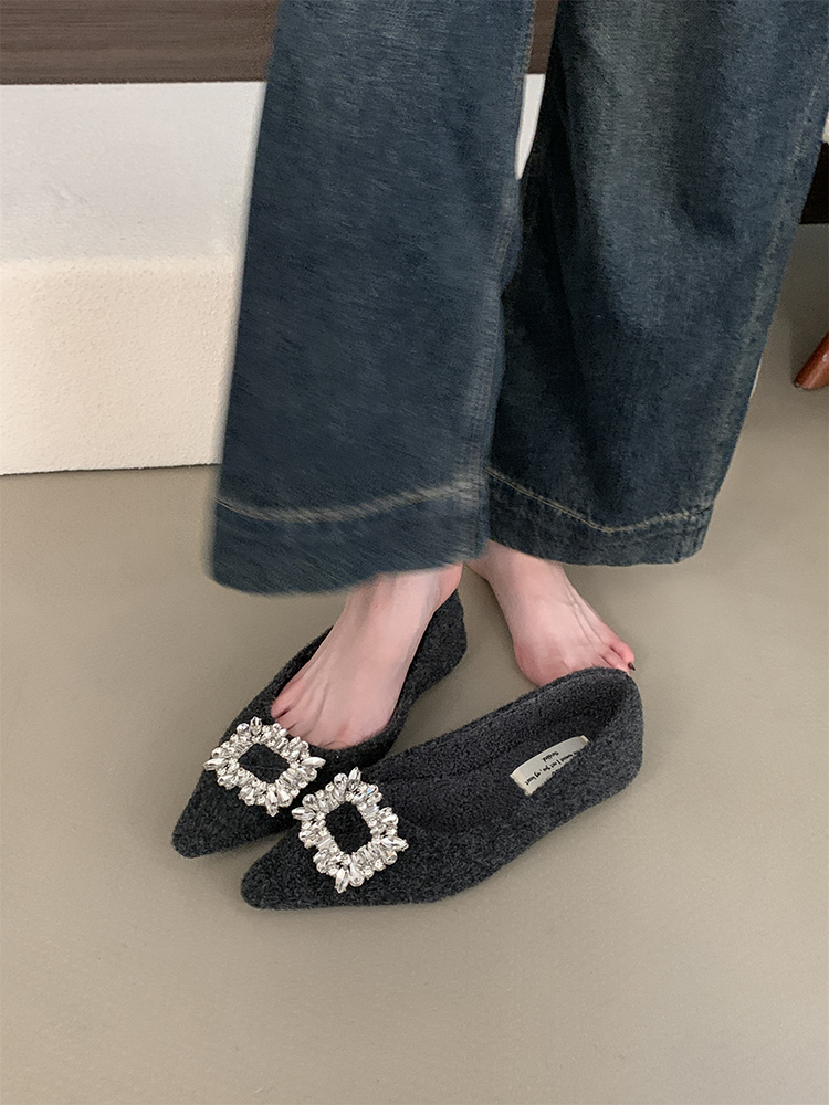 Elegant Pointed Toe Plush Flat Shoes with Square Buckle and Rhinestones for Autumn Winter, Perfect for Evening Wear and Skirts
