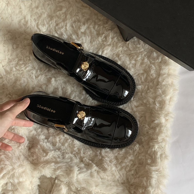 Elegant Retro Chunky Heel Mary Jane Shoes for Women, Genuine Leather Camellia Buckle, 2025 Spring Autumn British Style