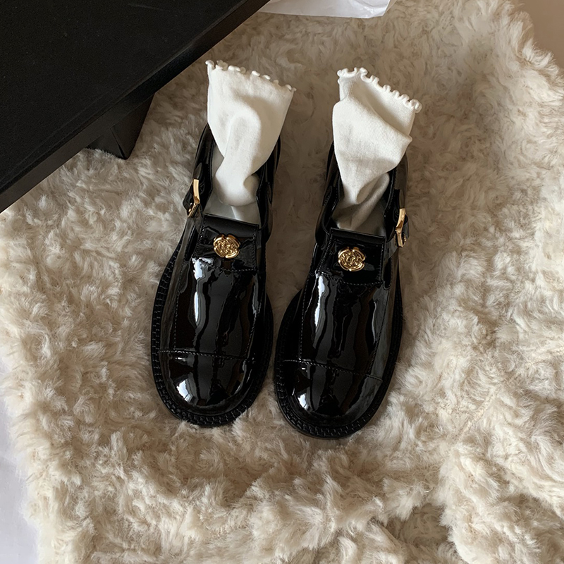 Elegant Retro Chunky Heel Mary Jane Shoes for Women, Genuine Leather Camellia Buckle, 2025 Spring Autumn British Style