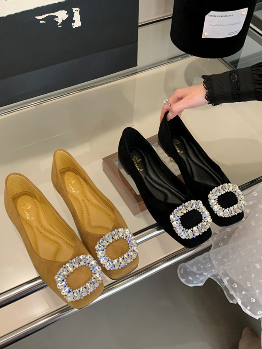 Elegant Rhinestone Buckle Flat Women's Shoes - Spring 2025 Gentle Fairy Style Square Toe Flats