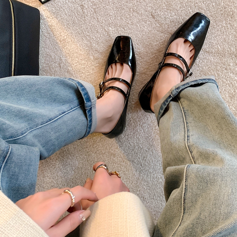 Elegant Silver Mary Jane Shoes for Women â€“ High-End French Design, Square Toe, One-Strap Buckle, Chunky Heel Flats