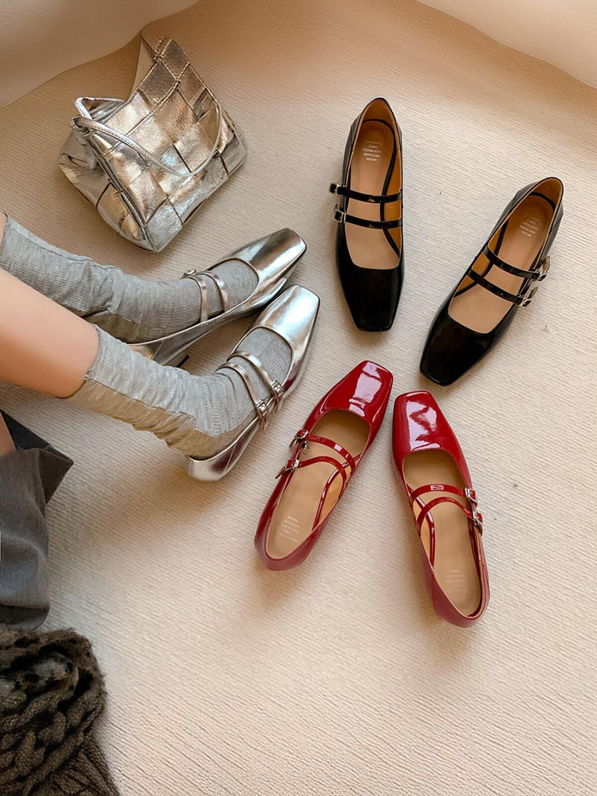 Elegant Silver Mary Jane Shoes for Women â€“ High-End French Design, Square Toe, One-Strap Buckle, Chunky Heel Flats