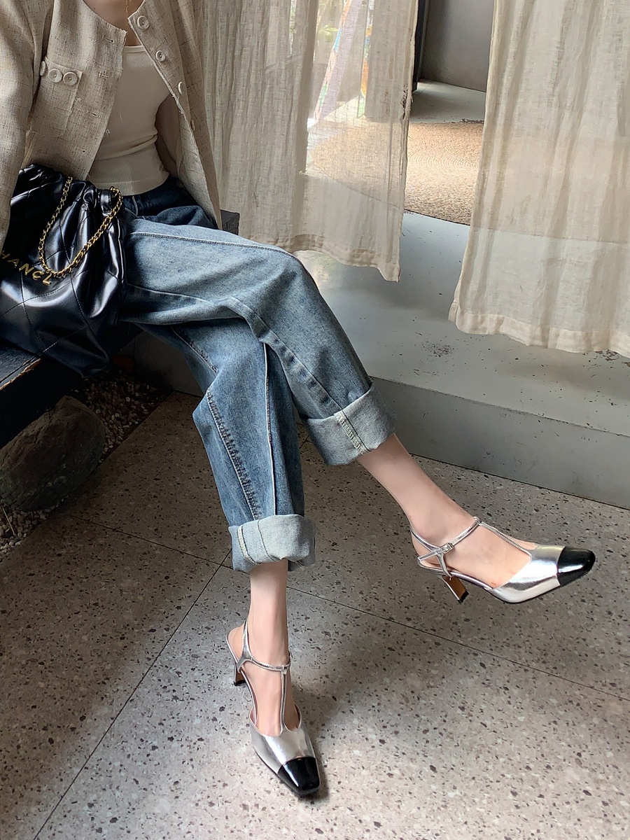 Elegant T-strap High Heel Sandals for Women, French Silver Mary Jane Style, Chic Wind Bag Design, Perfect for Young Ladies