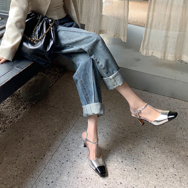 Elegant T-strap High Heel Sandals for Women, French Silver Mary Jane Style, Chic Wind Bag Design, Perfect for Young Ladies