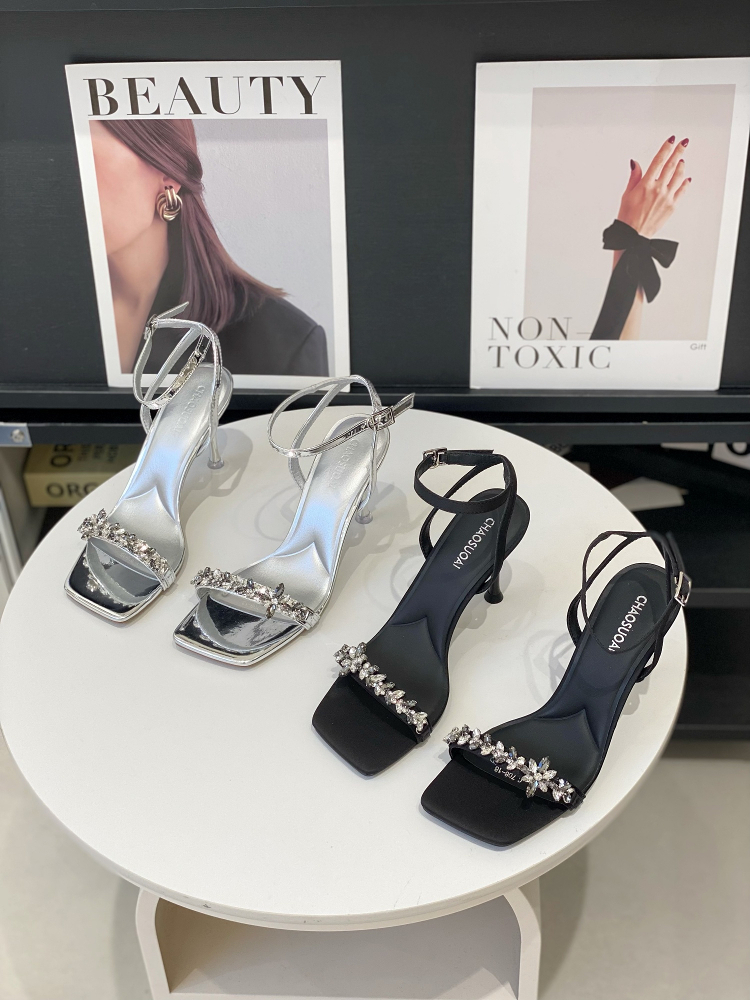 Elegant Water Diamond One-Strap Sandals for Women - 2025 Summer Fairy Style Square Toe Open-Toe High Heels