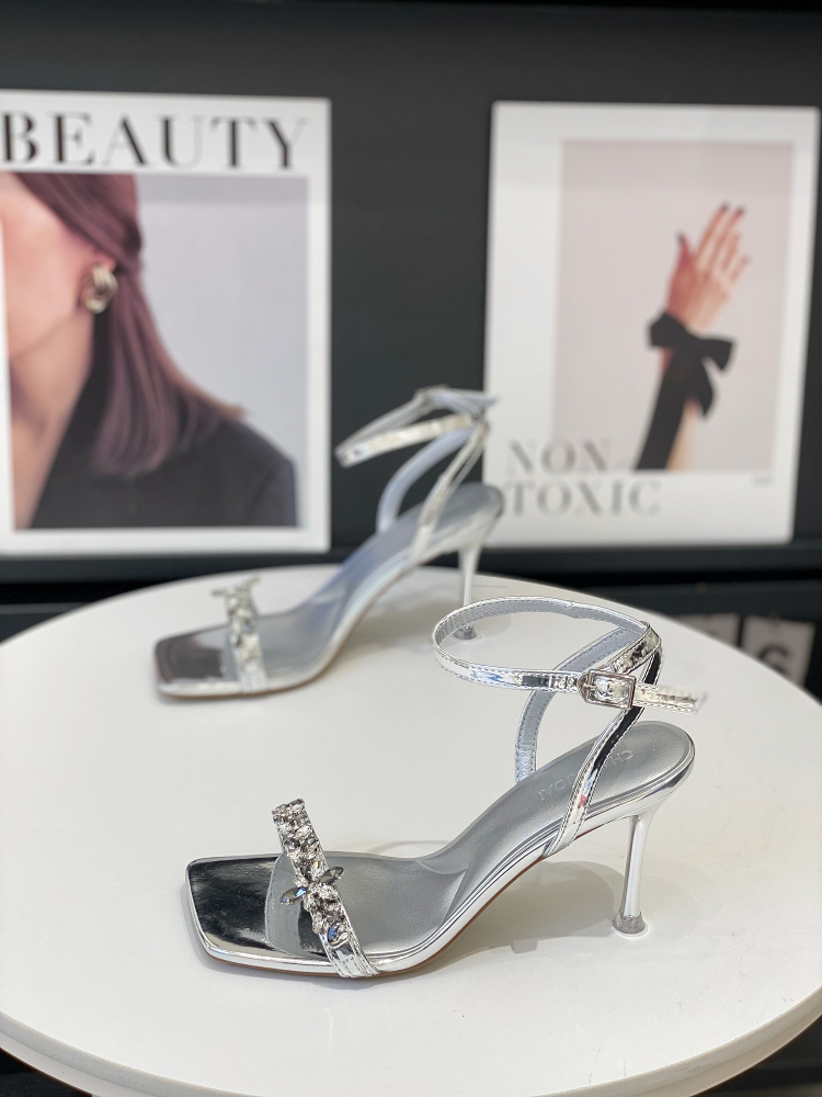 Elegant Water Diamond One-Strap Sandals for Women - 2025 Summer Fairy Style Square Toe Open-Toe High Heels Elegant Water Diamond One-Strap Sandals for Women - 2025 Summer Fairy Style Square Toe Open-Toe High Heels