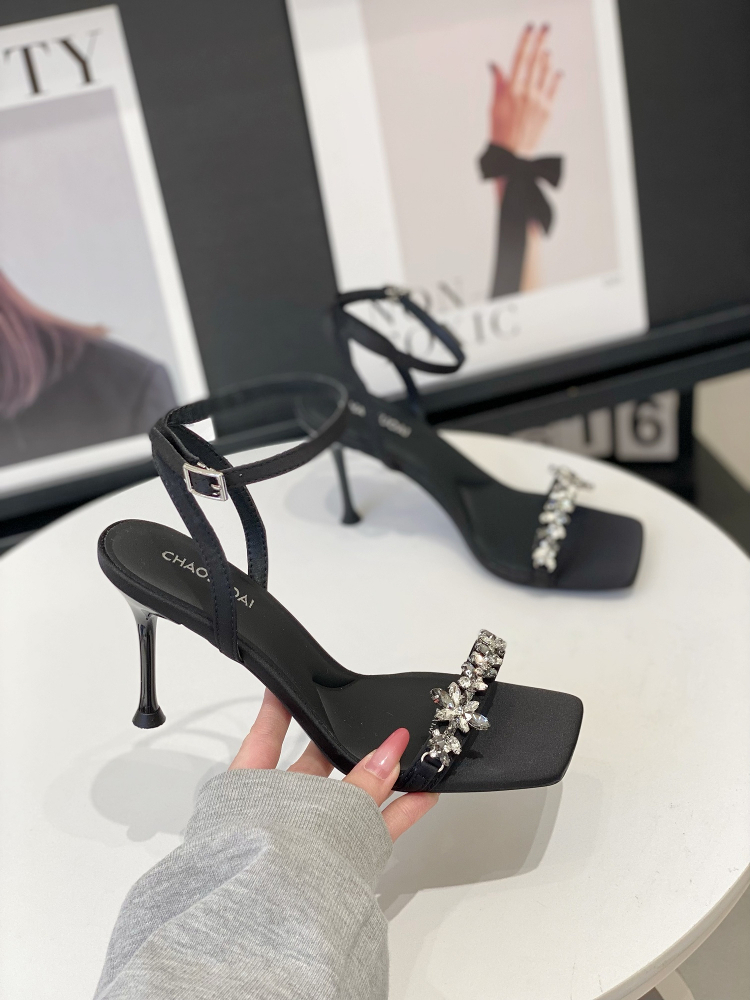 Elegant Water Diamond One-Strap Sandals for Women - 2025 Summer Fairy Style Square Toe Open-Toe High Heels Elegant Water Diamond One-Strap Sandals for Women - 2025 Summer Fairy Style Square Toe Open-Toe High Heels